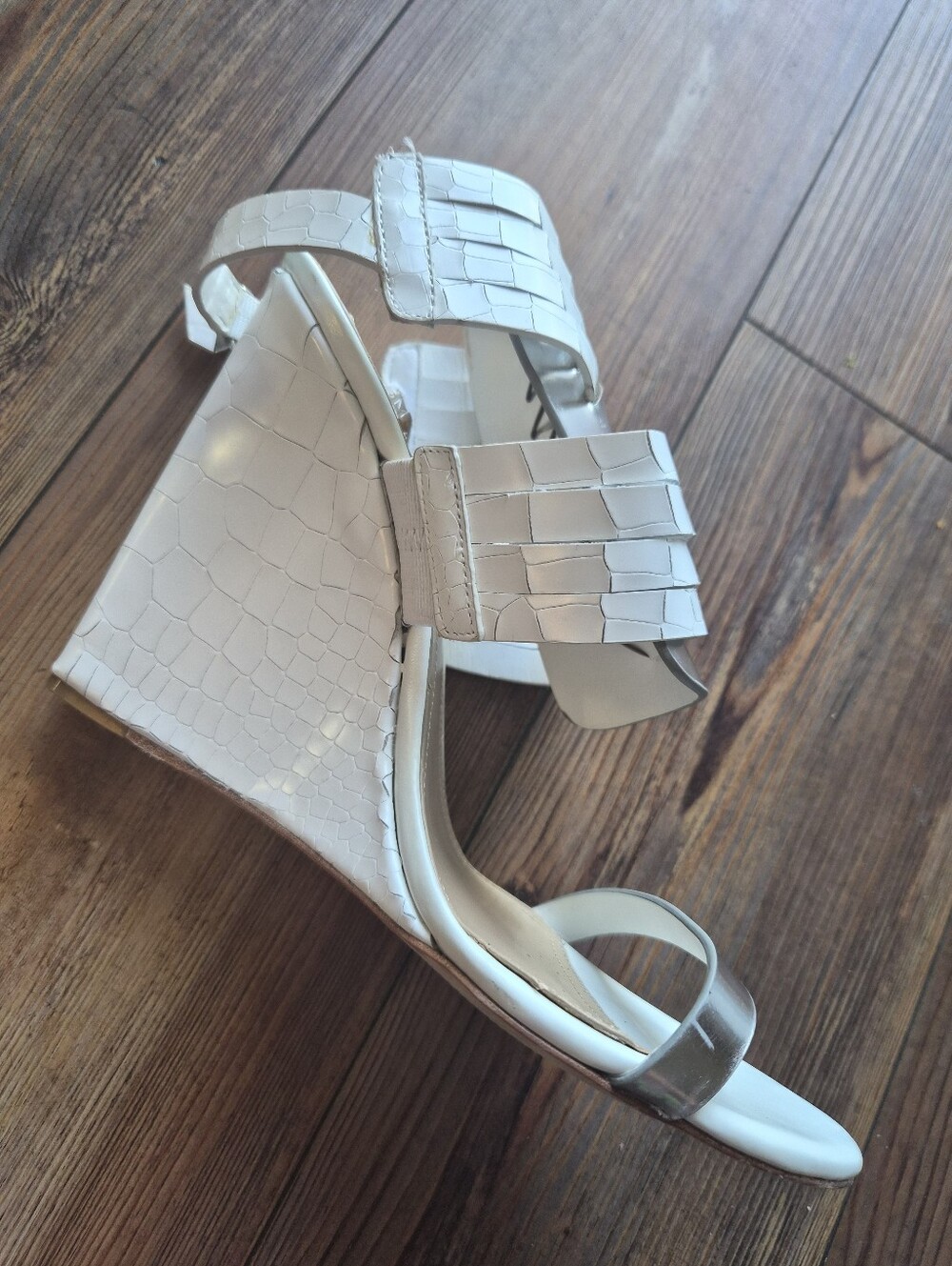 BCBGMaxAzria Vanny White and Metallic Silver Wedge Sandals- Size 10 - Picture 5 of 11